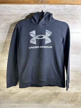 Under Armour Boys Black Camo Big Logo Pullover Hoodie Fleece Youth Large